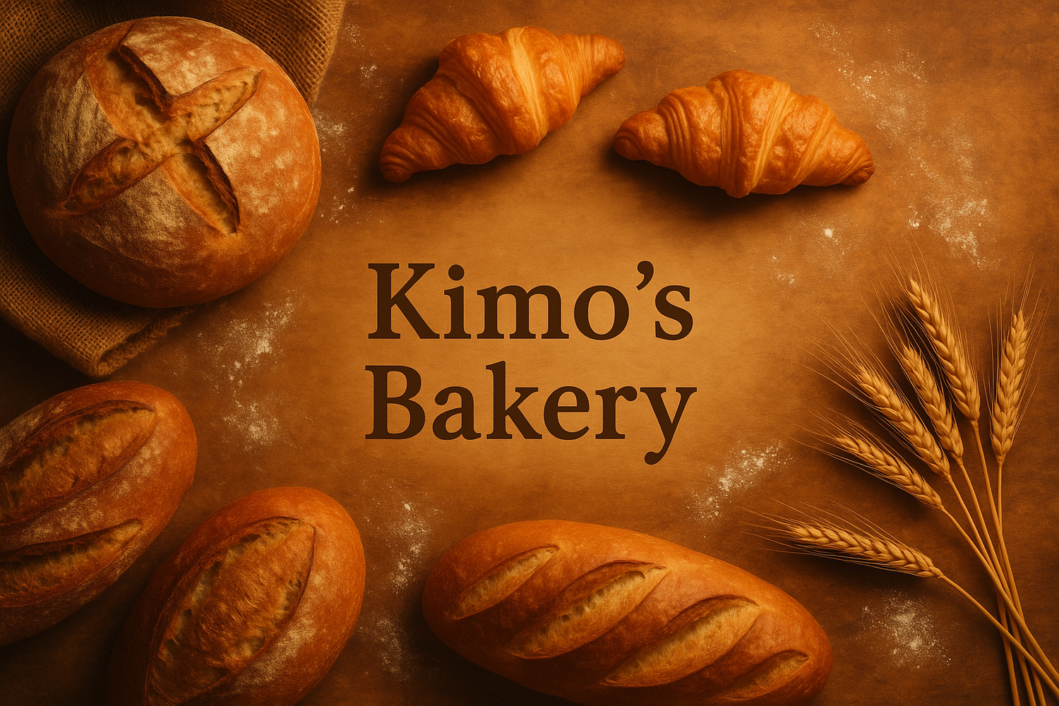 Warm rustic bakery background with bread, croissants, and wheat stalks